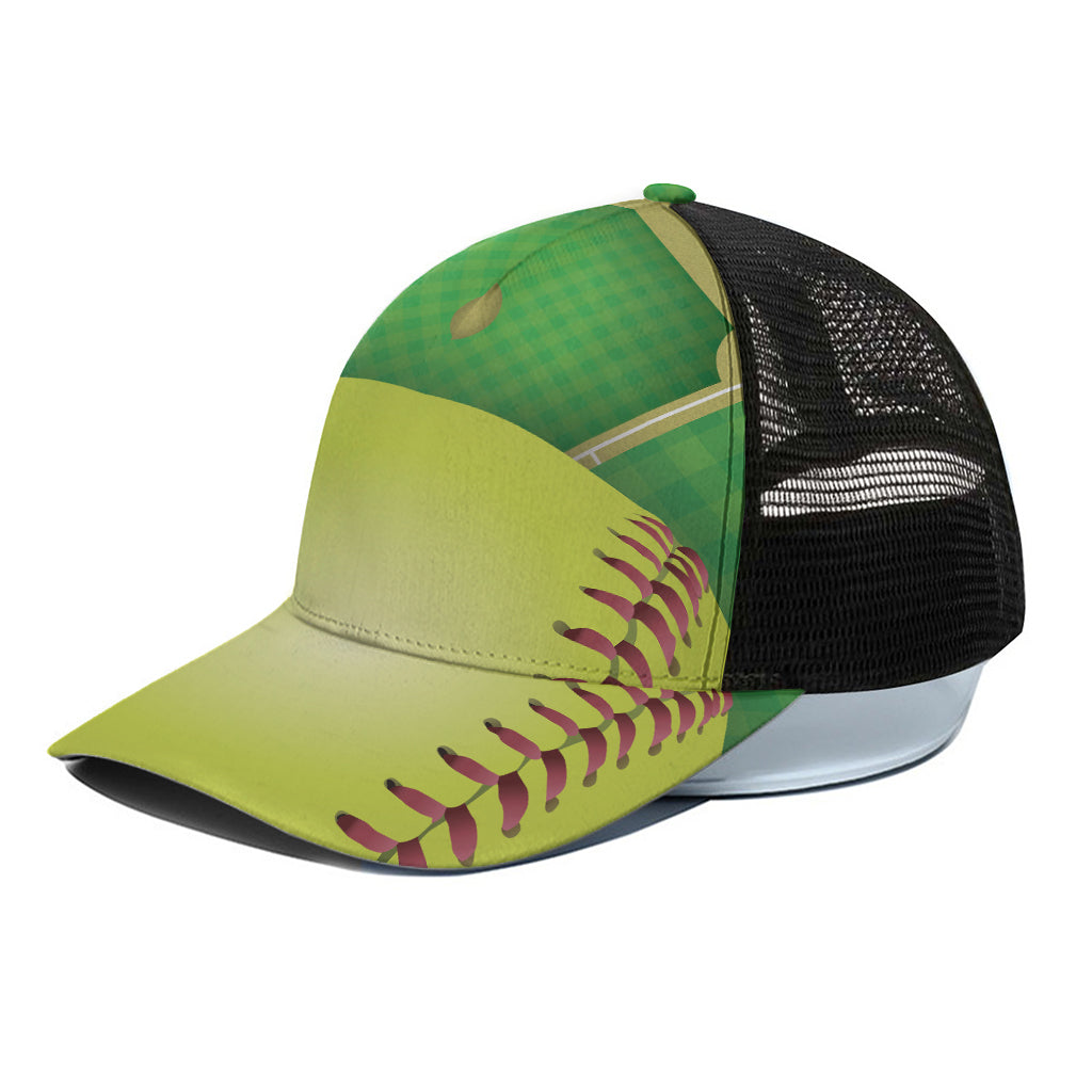 Softball Field And Ball Print Black Mesh Trucker Cap