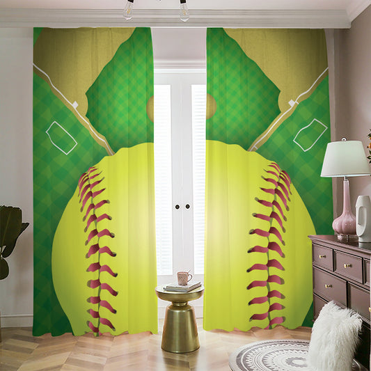 Softball Field And Ball Print Blackout Pencil Pleat Curtains