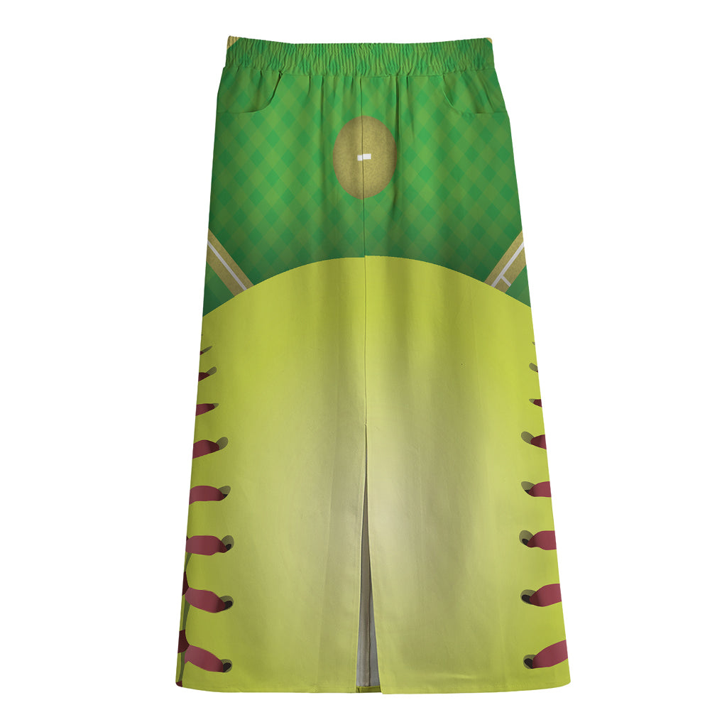 Softball Field And Ball Print Cotton Front Slit Maxi Skirt