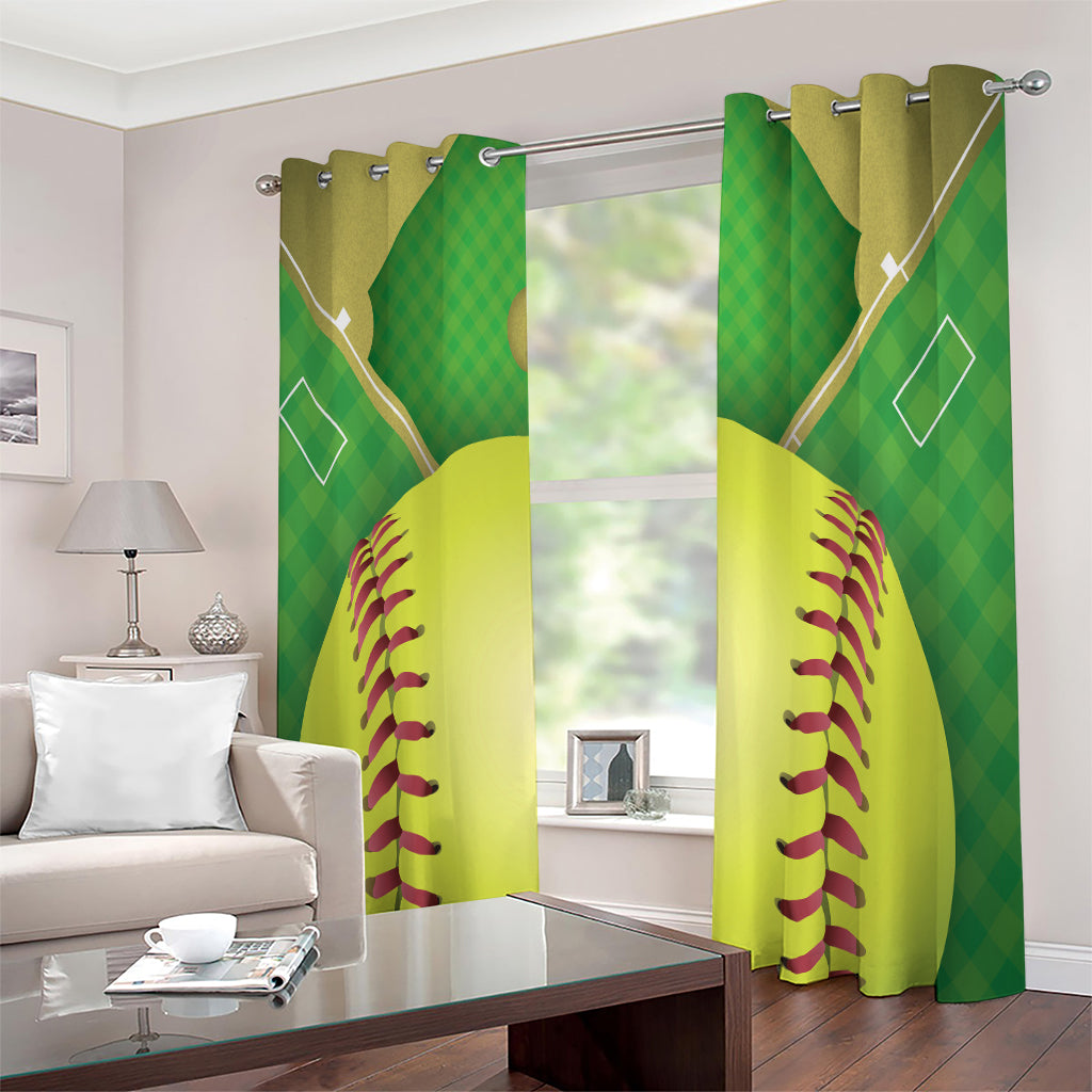 Softball Field And Ball Print Extra Wide Grommet Curtains