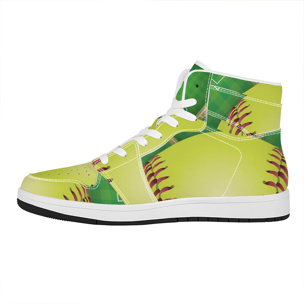 Softball Field And Ball Print High Top Leather Sneakers