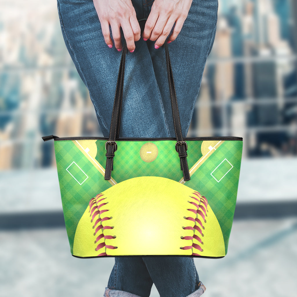 Softball Field And Ball Print Leather Tote Bag