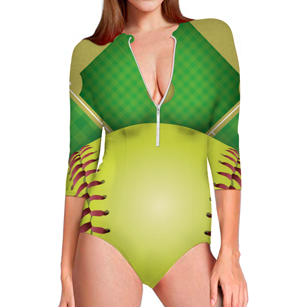 Softball Field And Ball Print Long Sleeve Swimsuit