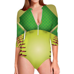 Softball Field And Ball Print Long Sleeve Swimsuit