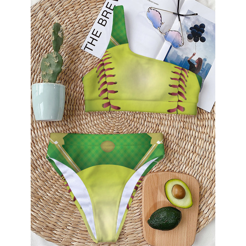 Softball Field And Ball Print One Shoulder Bikini Top