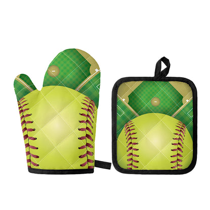 Softball Field And Ball Print Oven Mitt And Pot Holder Set