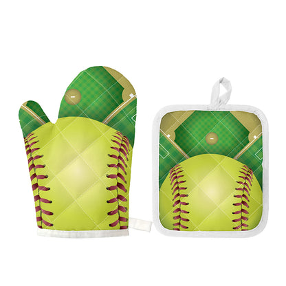 Softball Field And Ball Print Oven Mitt And Pot Holder Set