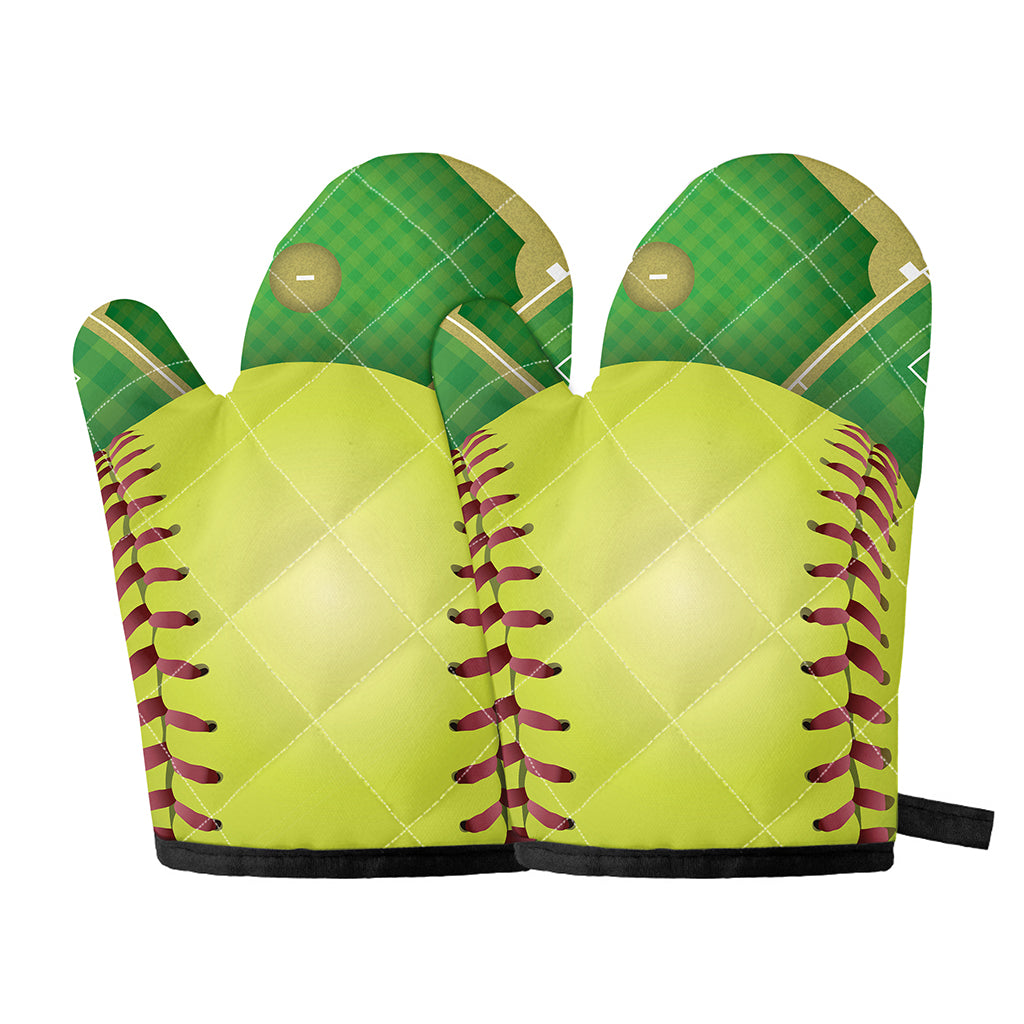 Softball Field And Ball Print Oven Mitts
