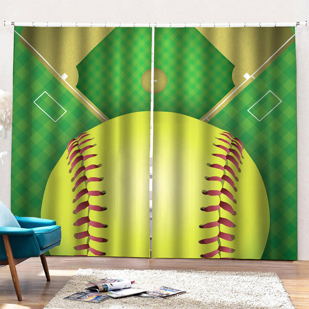 Softball Field And Ball Print Pencil Pleat Curtains