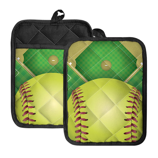 Softball Field And Ball Print Pot Holders With Pocket