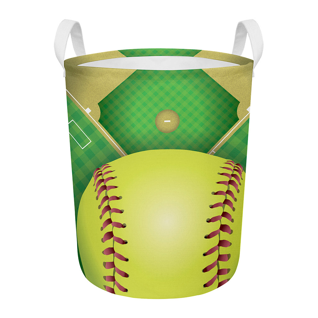 Softball Field And Ball Print Round Laundry Basket