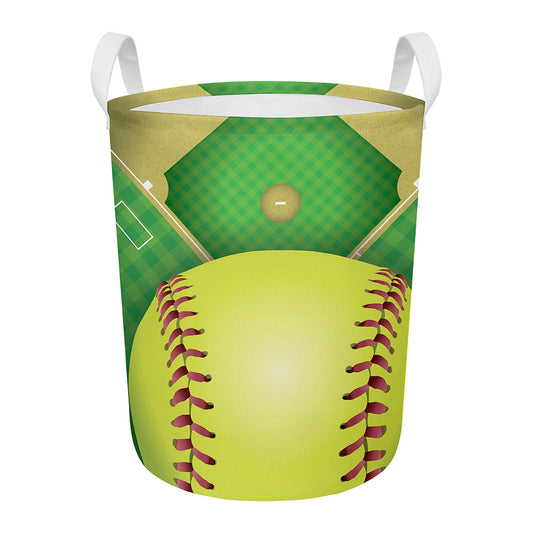 Softball Field And Ball Print Round Laundry Basket