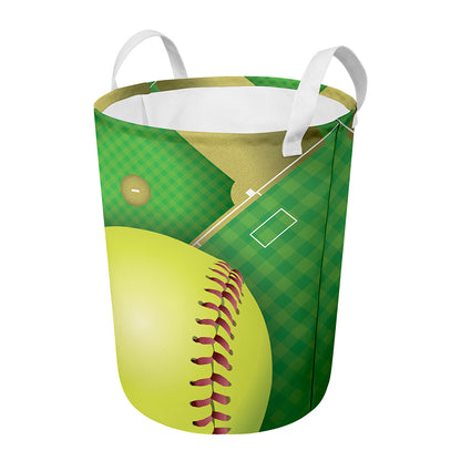 Softball Field And Ball Print Round Laundry Basket
