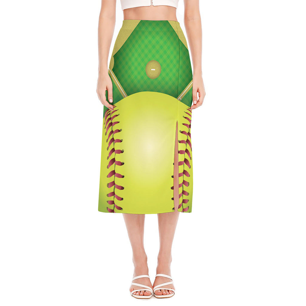 Softball Field And Ball Print Side Slit Midi Skirt