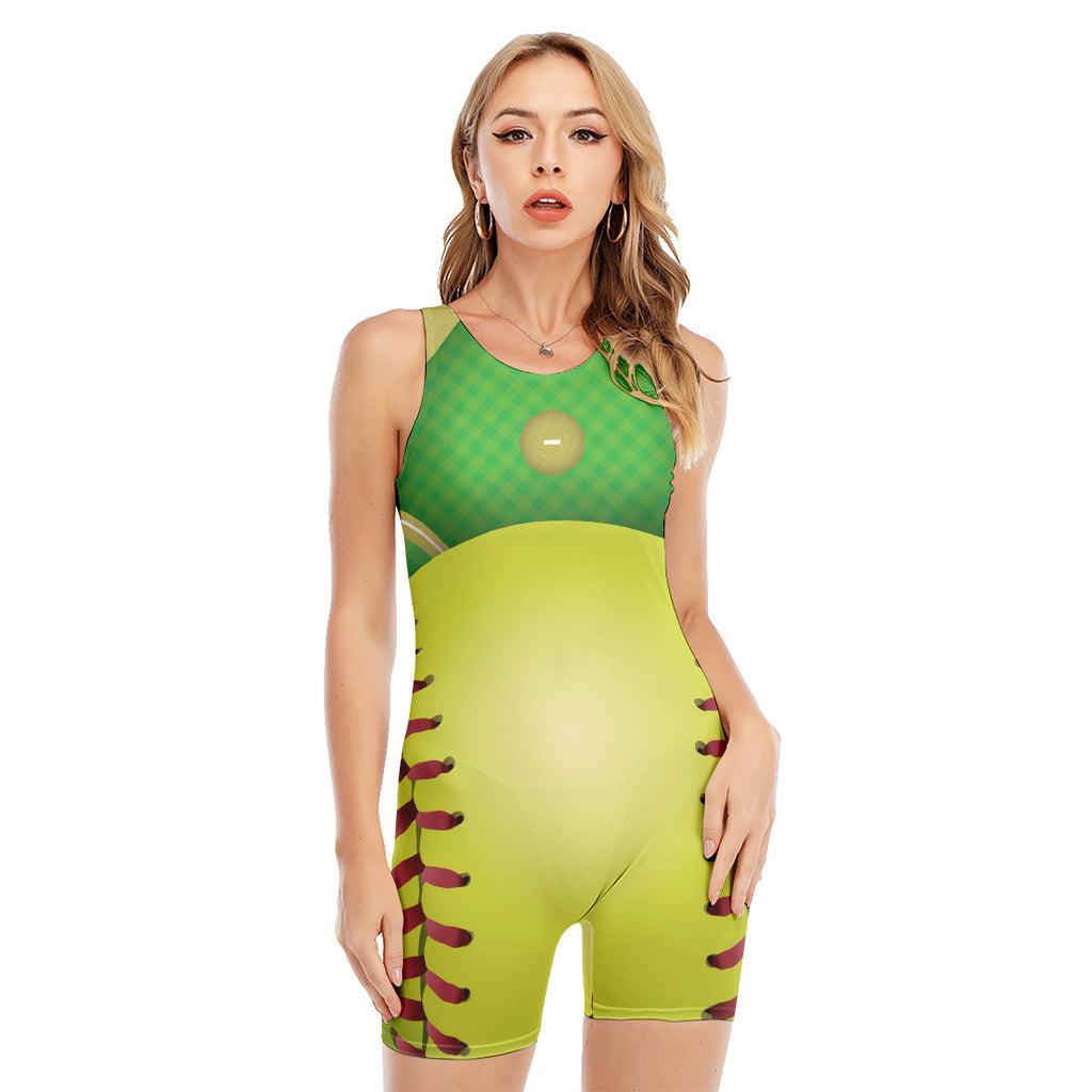 Softball Field And Ball Print Sleeveless One Piece Swimsuit