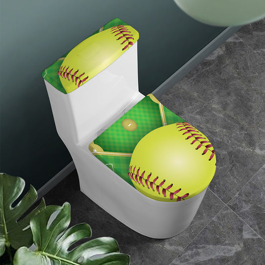 Softball Field And Ball Print Toilet Lid And Tank Cover Set