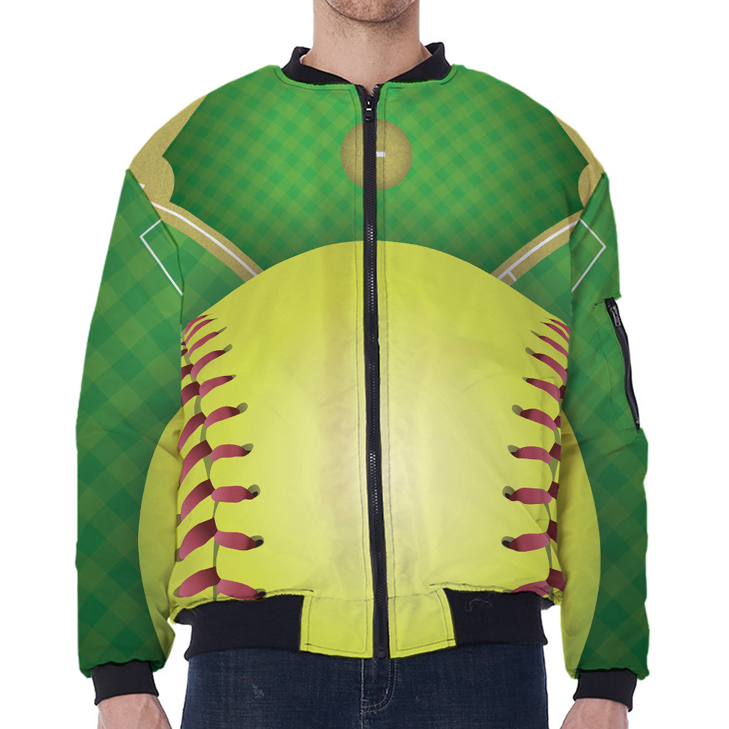 Softball Field And Ball Print Zip Sleeve Bomber Jacket