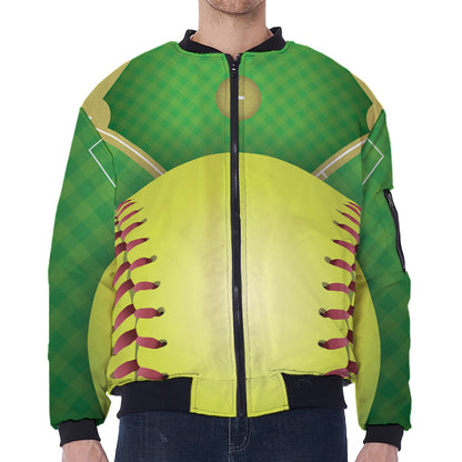 Softball Field And Ball Print Zip Sleeve Bomber Jacket