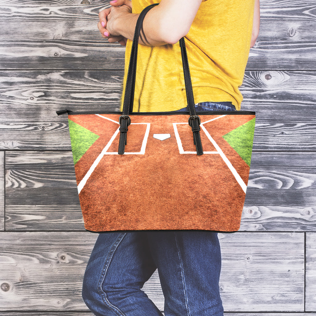 Softball Playing Field Print Leather Tote Bag