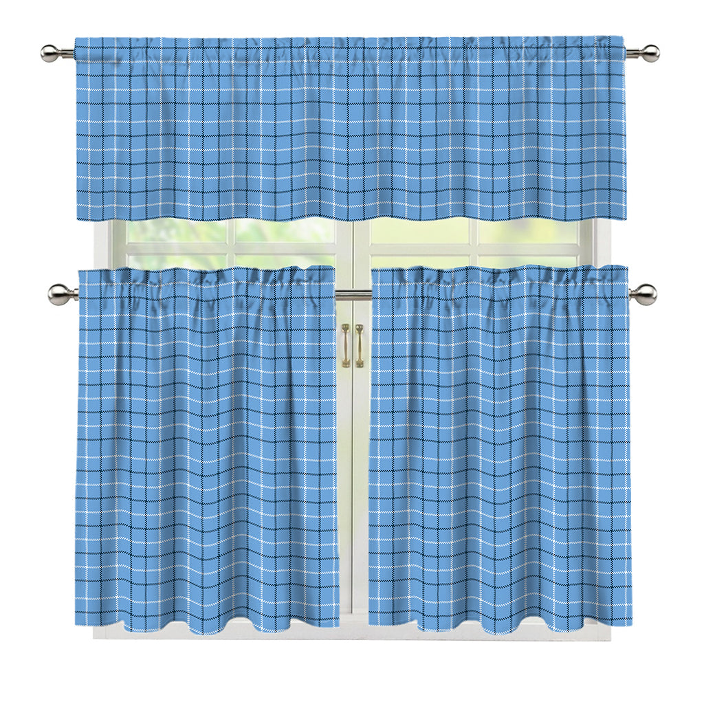 Solf Blue Tattersall Pattern Print 3 Piece Kitchen Curtains