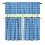 Solf Blue Tattersall Pattern Print 3 Piece Kitchen Curtains