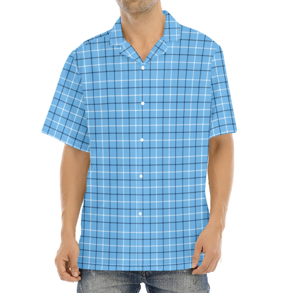 Solf Blue Tattersall Pattern Print Aloha Shirt