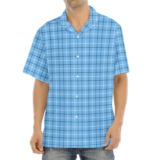 Solf Blue Tattersall Pattern Print Aloha Shirt