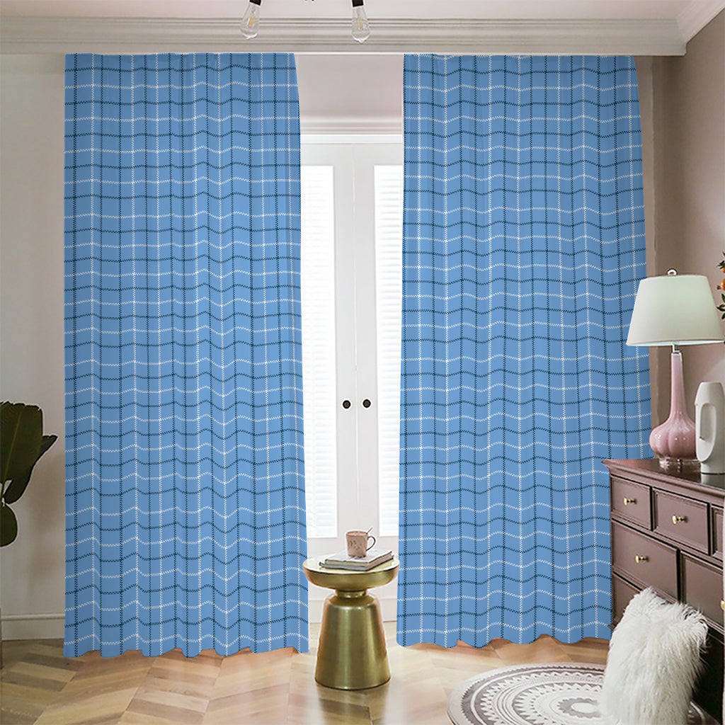 Solf Blue Tattersall Pattern Print Blackout Pencil Pleat Curtains