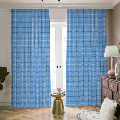 Solf Blue Tattersall Pattern Print Blackout Pencil Pleat Curtains