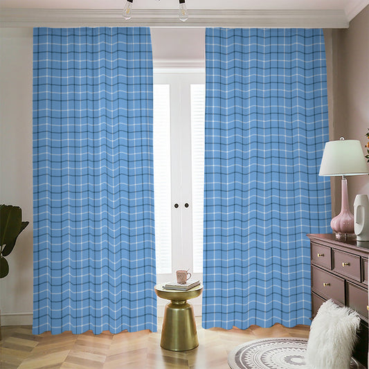 Solf Blue Tattersall Pattern Print Blackout Pencil Pleat Curtains