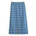 Solf Blue Tattersall Pattern Print Cotton Front Slit Maxi Skirt