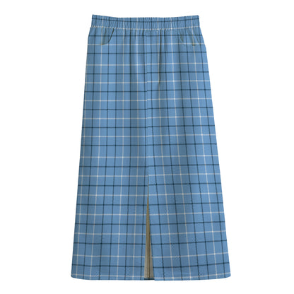 Solf Blue Tattersall Pattern Print Cotton Front Slit Maxi Skirt