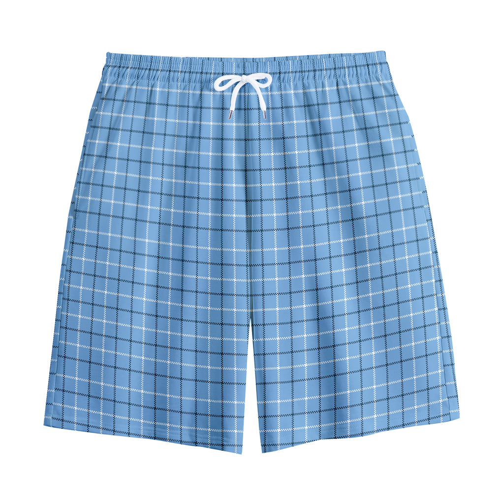 Solf Blue Tattersall Pattern Print Cotton Shorts