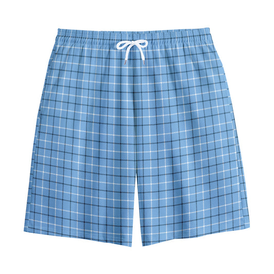 Solf Blue Tattersall Pattern Print Cotton Shorts