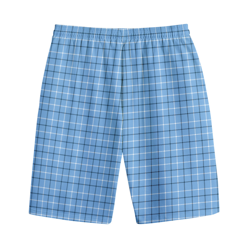 Solf Blue Tattersall Pattern Print Cotton Shorts