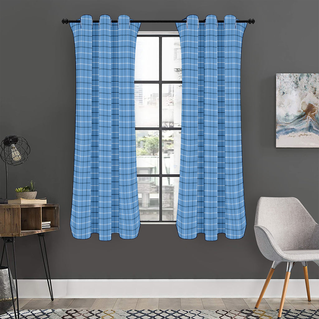 Solf Blue Tattersall Pattern Print Curtain