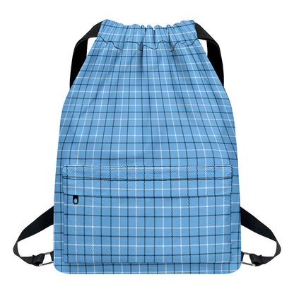 Solf Blue Tattersall Pattern Print Drawstring Backpack