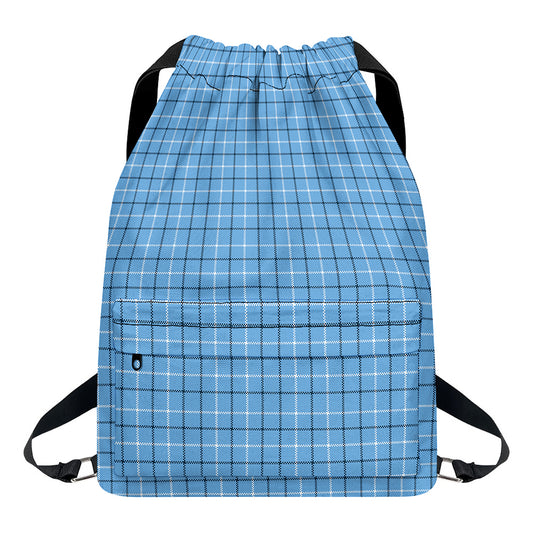 Solf Blue Tattersall Pattern Print Drawstring Backpack