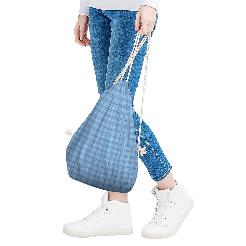 Solf Blue Tattersall Pattern Print Drawstring Bag