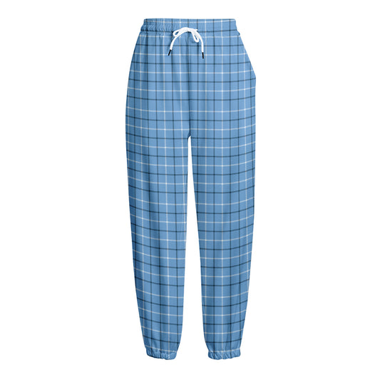 Solf Blue Tattersall Pattern Print Fleece Lined Knit Pants