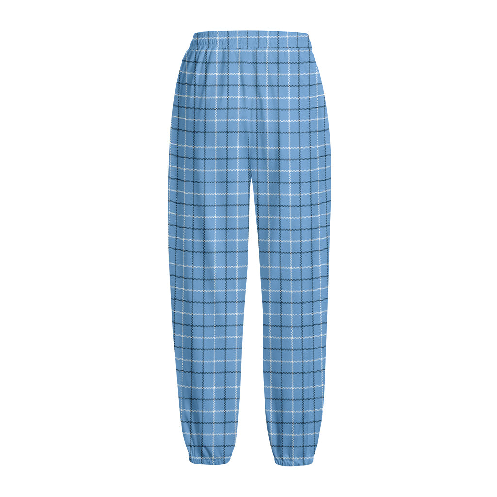 Solf Blue Tattersall Pattern Print Fleece Lined Knit Pants