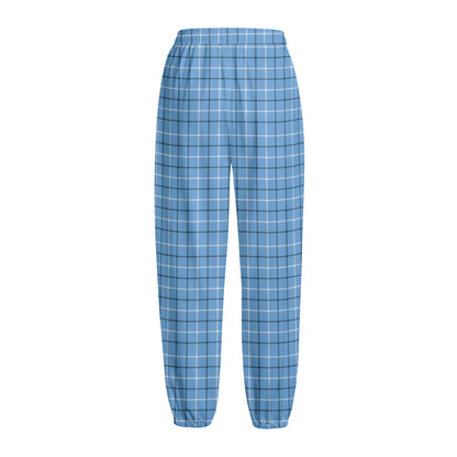 Solf Blue Tattersall Pattern Print Fleece Lined Knit Pants