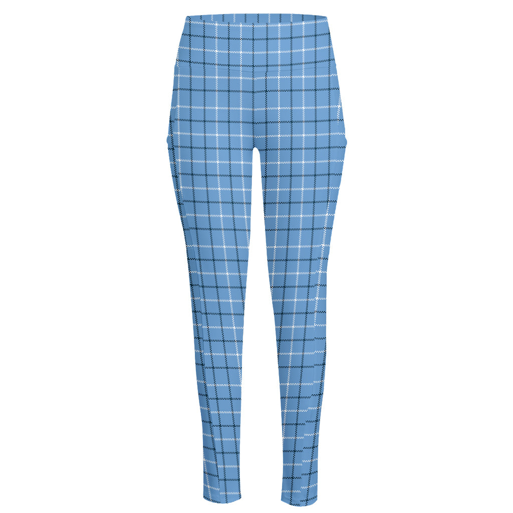 Solf Blue Tattersall Pattern Print High-Waisted Pocket Leggings