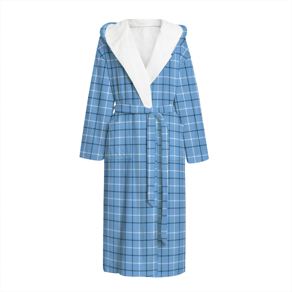 Solf Blue Tattersall Pattern Print Hooded Bathrobe