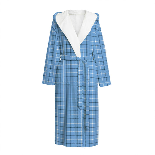 Solf Blue Tattersall Pattern Print Hooded Bathrobe
