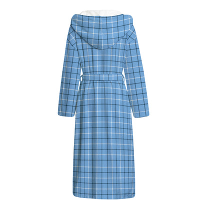 Solf Blue Tattersall Pattern Print Hooded Bathrobe