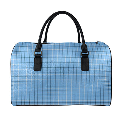 Solf Blue Tattersall Pattern Print Leather Duffle Bag