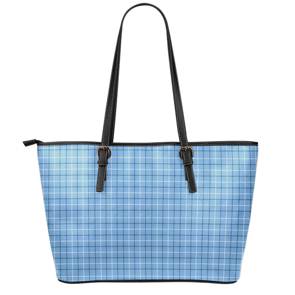 Solf Blue Tattersall Pattern Print Leather Tote Bag