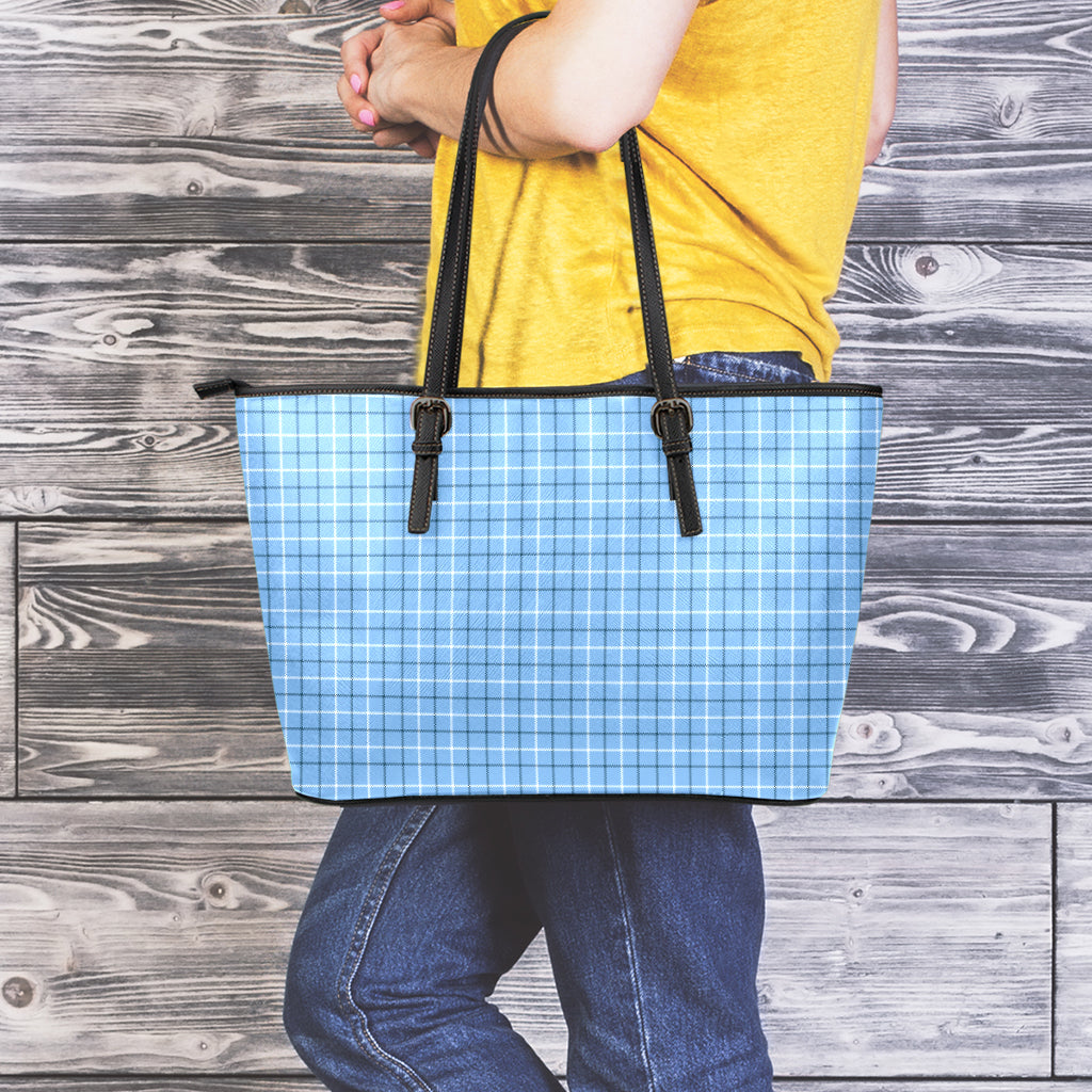 Solf Blue Tattersall Pattern Print Leather Tote Bag
