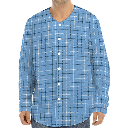 Solf Blue Tattersall Pattern Print Long Sleeve Baseball Jersey